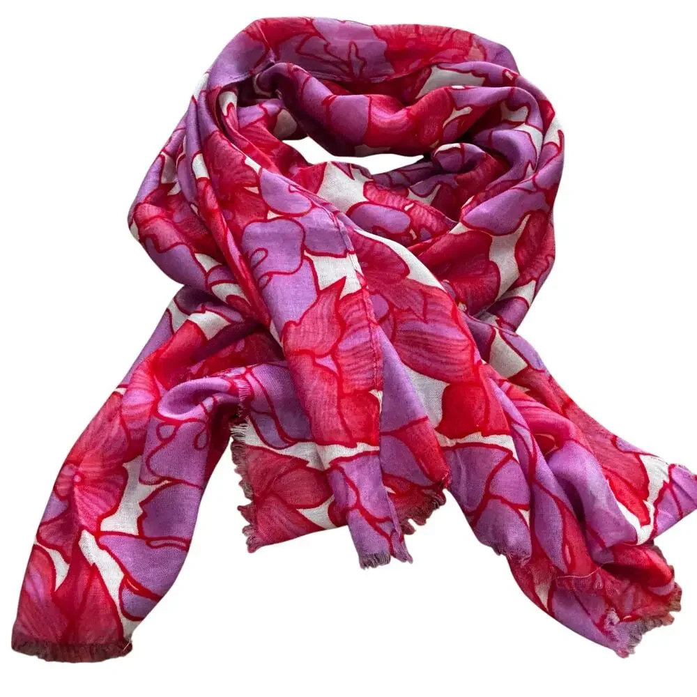 Summer weight soft rayon woven scarf pink & white floral flowers casual wrap